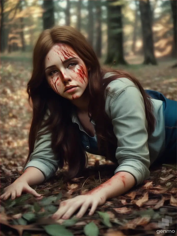 “Full HD Model: Realism full body scene ,beautiful realism face details brown hair ,in casual clothes, a hurt cut on neck fake blood, ,hurt crying face expressions, laying down crawling dynamic fear night scene low light in the woods at dark night