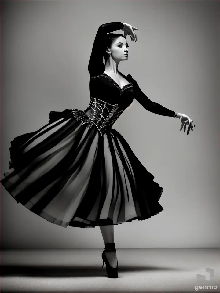 A ballerina dressed as Carmen dances the Spanish dance of castanets and bends her leg at the knee.  overall plan.  