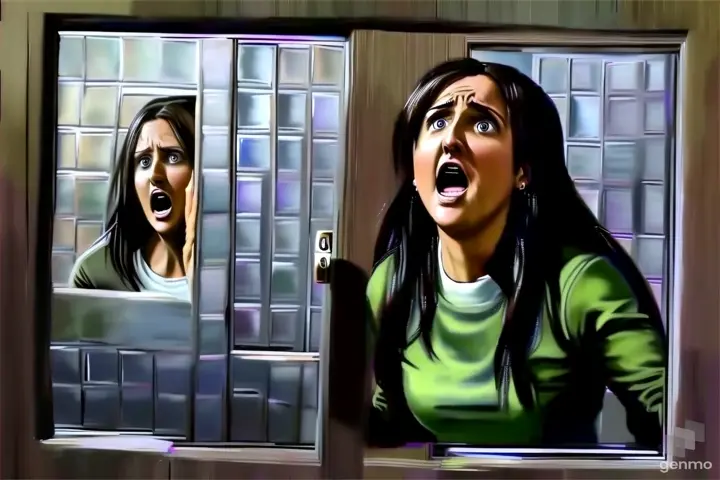 a painting of a woman opening a door with a surprised look on her face