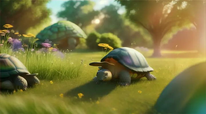 The sun shines down on a beautiful meadow where the tortoise and the hare live , Cartoon , Pixar 3D
