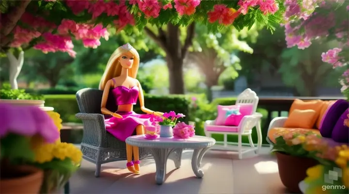 Stepping outside, Barbie sets up the patio furniture and gazes out at the beautiful view, imagining lazy afternoons spent lounging in the sun.