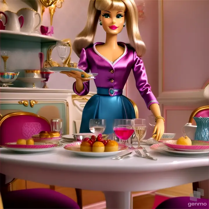 Setting the Dining Table Barbie carefully sets the dining table, imagining elegant dinner parties and lively gatherings with her friends.