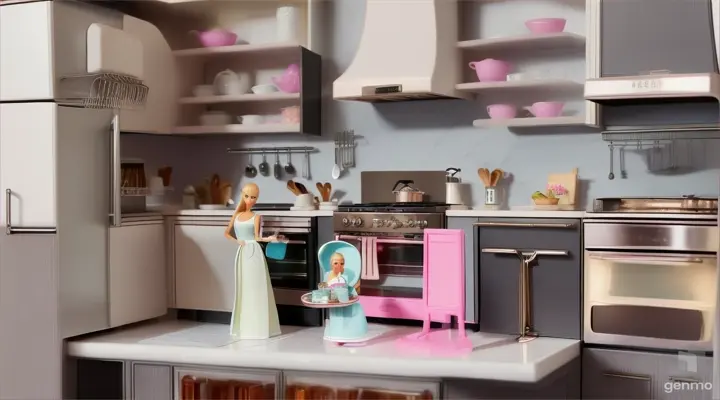 Creating a Stylish Kitchen: Barbie takes her time setting up the kitchen, arranging the pots and pans, and stocking the fridge with tiny groceries, excited to try out new recipes.