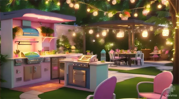 Barbie creating a beautiful outdoor kitchen, surrounded by lush foliage and twinkling string lights