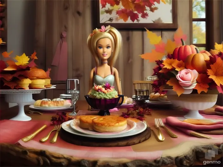 Barbie prepares an extravagant table spread surrounded by autumn foliage, gourds, and rustic decor