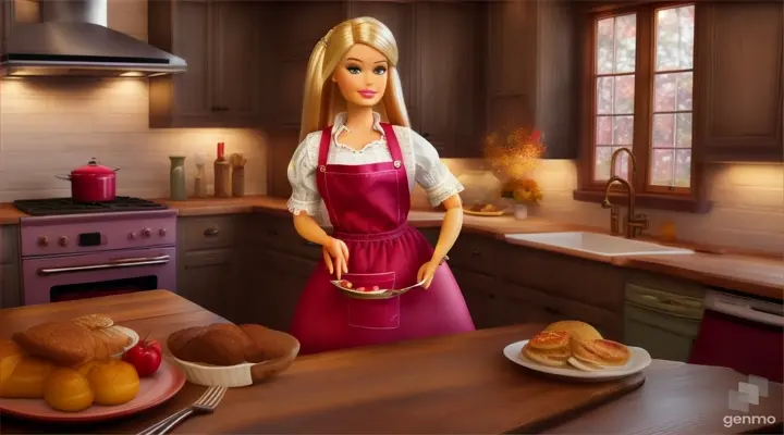 Barbie prepares an extravagant meal in a rustic, farmhouse kitchen with autumn foliage and warm-hued decor