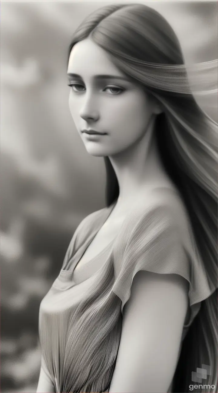 A captivating charcoal sketch of a French woman exudes an ethereal serenity, with her tranquil blue eyes radiating calmness. Her long, flowing brown hair cascades down her shoulders, framing her delicate face. She gracefully cradles a butterfly on her hand, its wings spread wide, revealing intricate details. Clad in a muted pink dress, she embodies a fragile, almost ghostly quality. The minimalistic, dreamy background features soft, smudged lines that blend seamlessly into the atmosphere, creating a sense of gentle beauty and tranquility. This portrait photography and illustration masterfully evoke the essence of a delicate, calming moment in time., photo, portrait photography, illustration