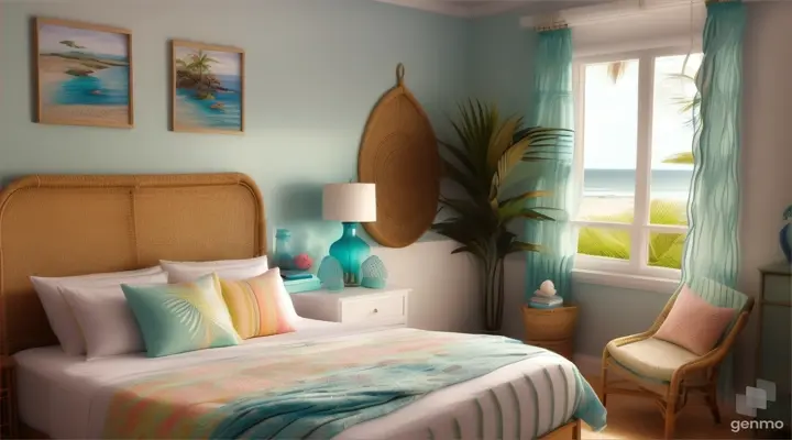 A tranquil bedroom with a tropical themed comforter, rattan furniture, sea glass accessories, and bright pops of color