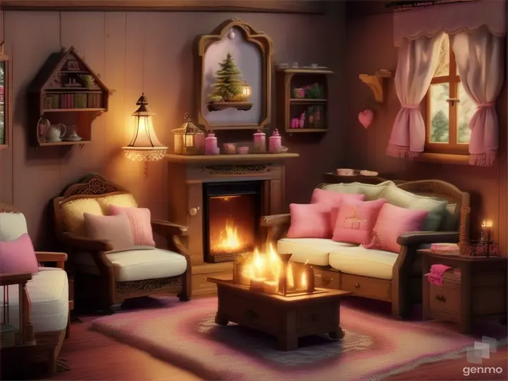 Barbie transforms her living room into a cozy, rustic cottage, complete with a crackling fireplace and soft blankets