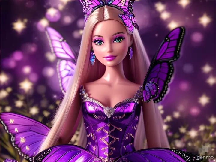 Barbie with butterfly wings, resting on a vibrant flower in an enchanted garden under a starry night