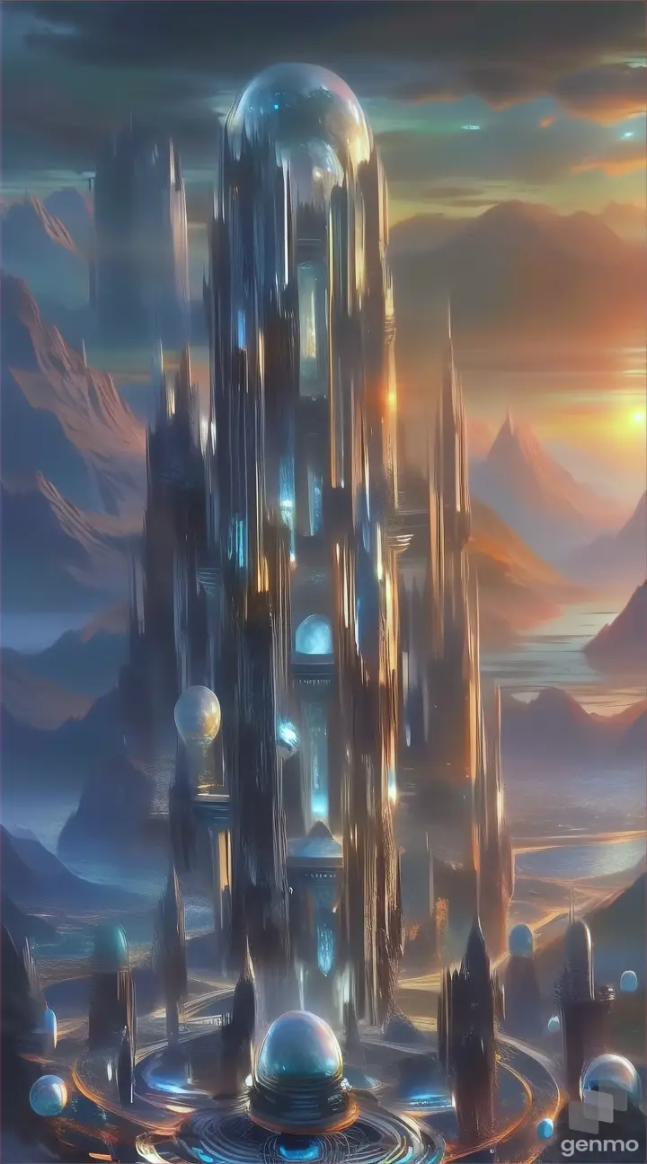 a futuristic city surrounded by mountains and water