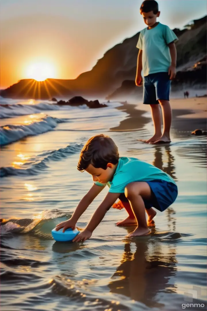 a little boy playing in the water at the beach