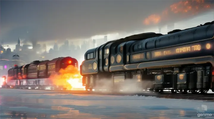 through the surface of a frozen lake fractures, a futuristic steampunk steam train bursts forth, hurtling along the tracks with unstoppable momentum. Set in a dynamic scene with the camera in motion, this evokes the cinematic ambiance of an 'Ice Train' movie, blending elements of futurism and steam-powered machinery.