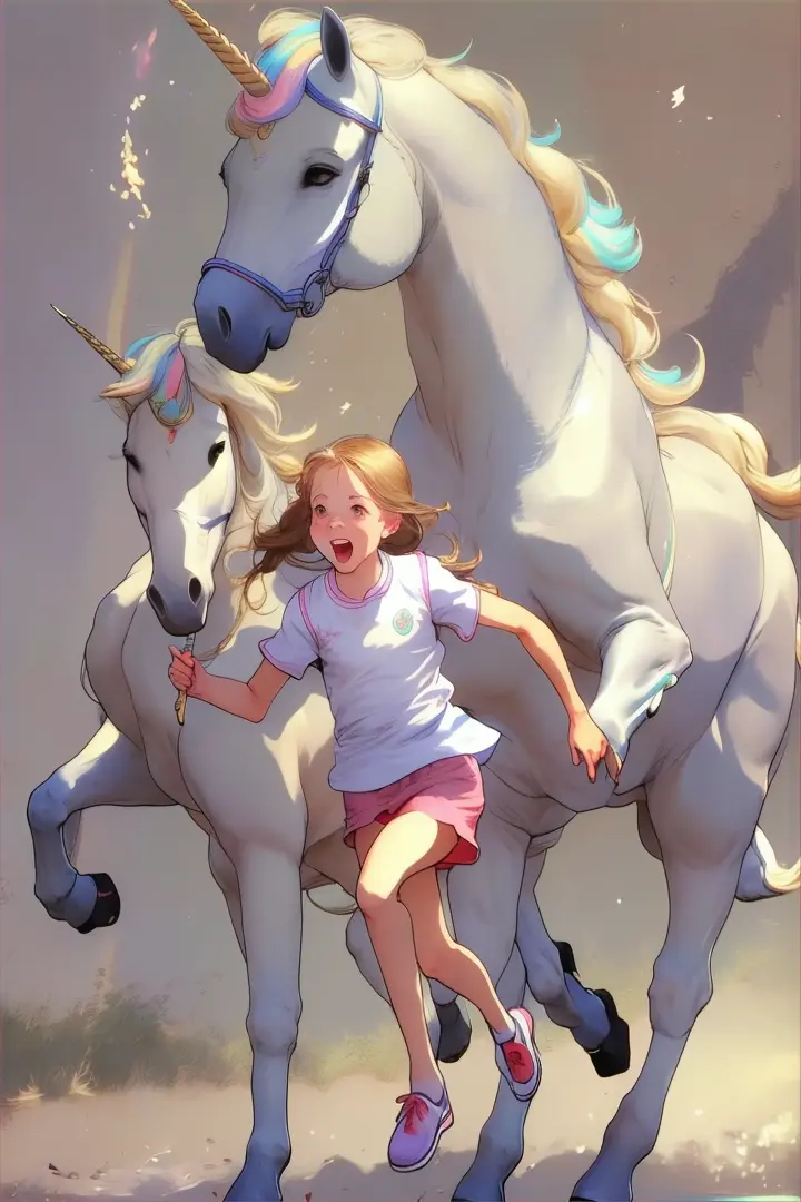 a girl is running next to a unicorn