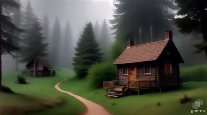 a small cabin in the middle of a foggy forest