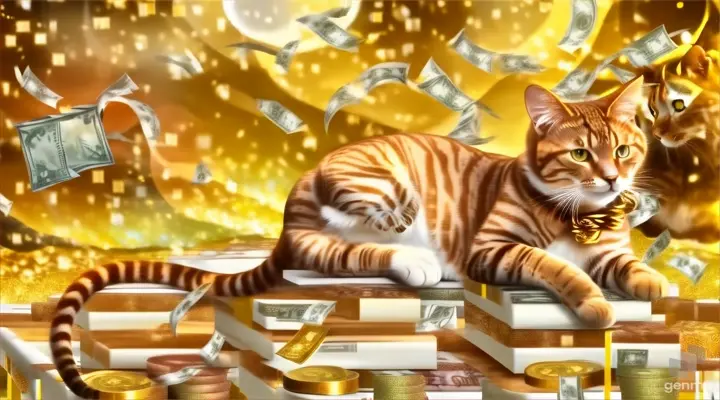 a cat sitting on top of a pile of money