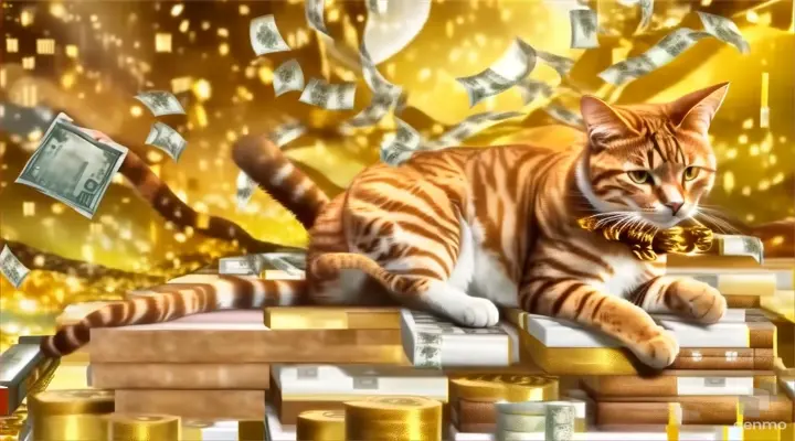 a cat sitting on top of a pile of money