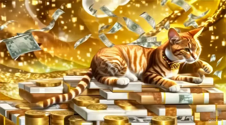 a cat sitting on top of a pile of money