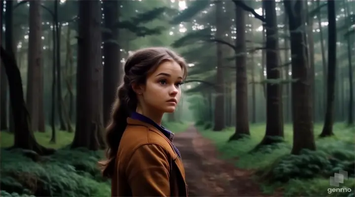 a woman standing in the middle of a forest