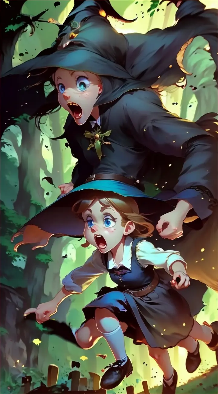 a cartoon of a witch chasing a little girl