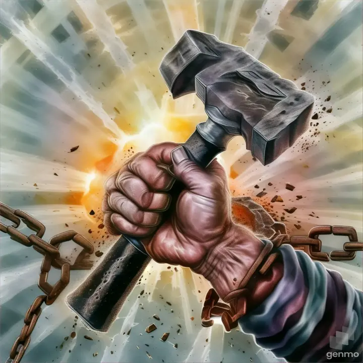 An illustration of a hand holding a hammer while breaking a chain, symbolizing liberation from limitations and the ability to overcome obstacles.