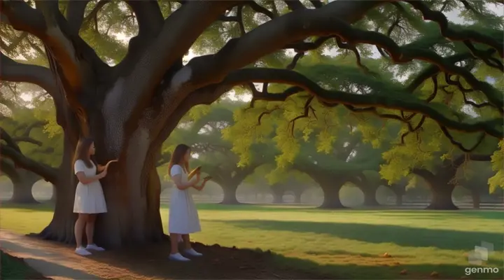 a woman standing in front of a large tree