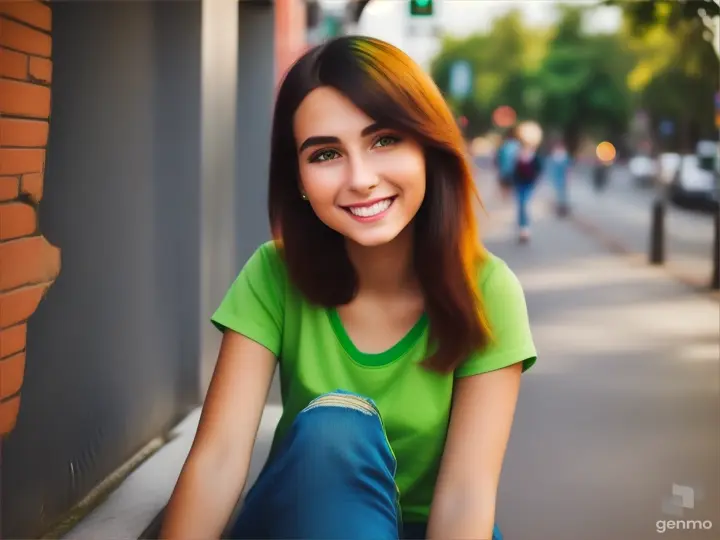 24 year girl wearing parrot green t shirt and jeans