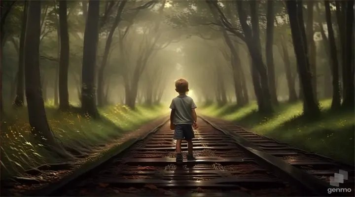 a young boy walking down a train track in the woods