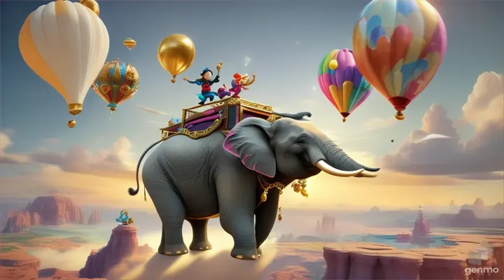 /imagine prompt: 3D animation, personality: [Illustrate Uplifting Cartoon characters engaging in fun activities An elephant soaring through the sky, its trunk reaching out towards a glittering treasure chest on a distant cloud. It should feel otherworldly and magical.] unreal engine, hyper real --q 2 --v 5.2 --ar 16:9