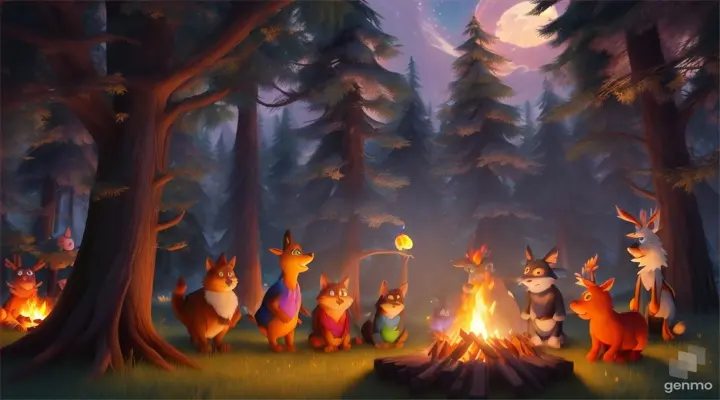 /imagine prompt: 3D animation, personality: [Illustrate Uplifting Cartoon characters engaging in fun activities A group of diverse animals gathered around a campfire, sharing stories and laughter amidst the glow of the moonlight. It should feel otherworldly and magical.] unreal engine, hyper real --q 2 --v 5.2 --ar 16:9