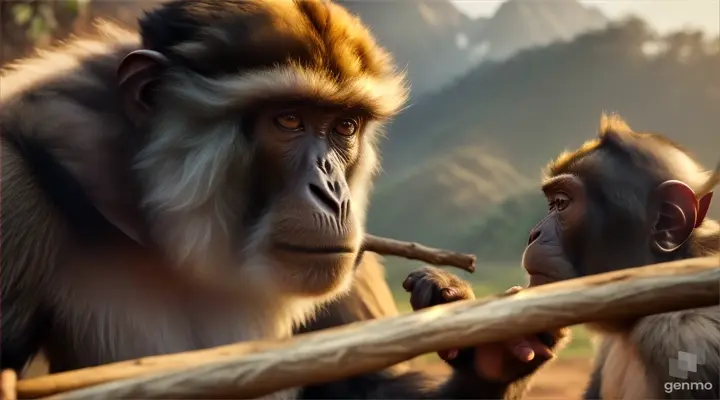 The monkey picked up a powerful stick and placed it in front of the man. /India Full Screen.