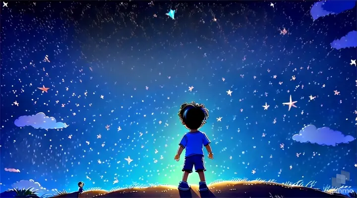 a boy looking up at the stars in the sky