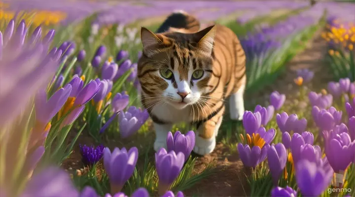 A macro-level view of a cat's paw walking through a field of colorful crocuses, A cat walks across a lawn of crocuses, nature is Russian spring, streams , nature is blooming , realistic 