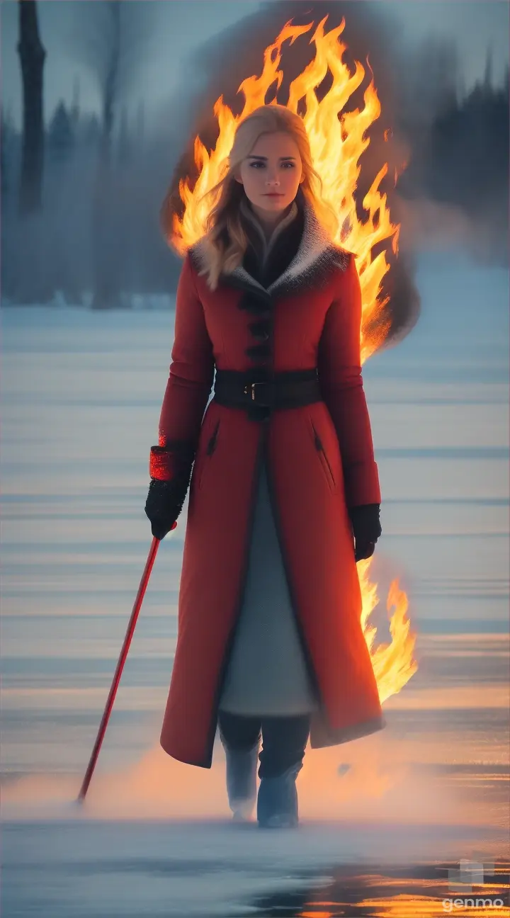 extremely realistic and beautiful woman dressed in fire and smoke walking on the frozen lake, under her steps the flames splash and the ice is cracking. Fantasy Ice world, snowing, fogging. Fantasy climate, realistic image, high details. High details, camera in motion, dynamic scene