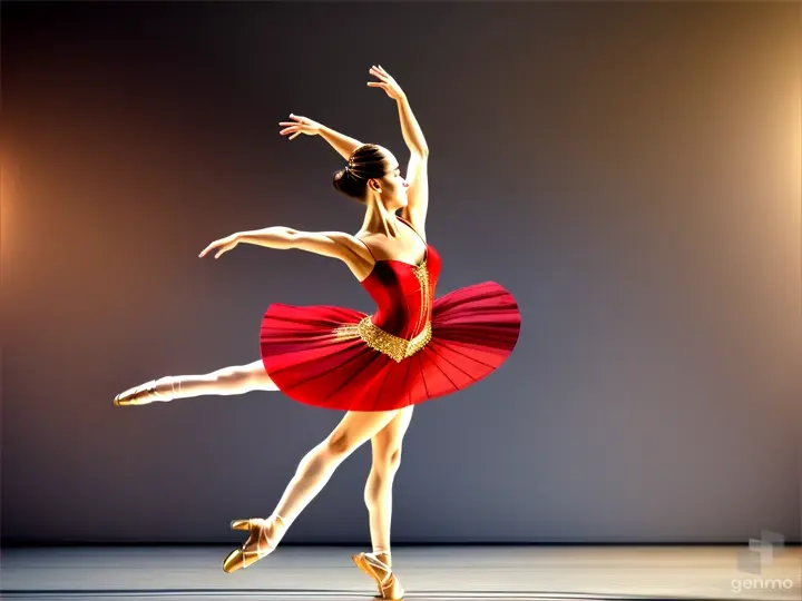 A ballerina dressed as Carmen gracefully takes the stage.  lifting the straight leg above the head.  overall plan