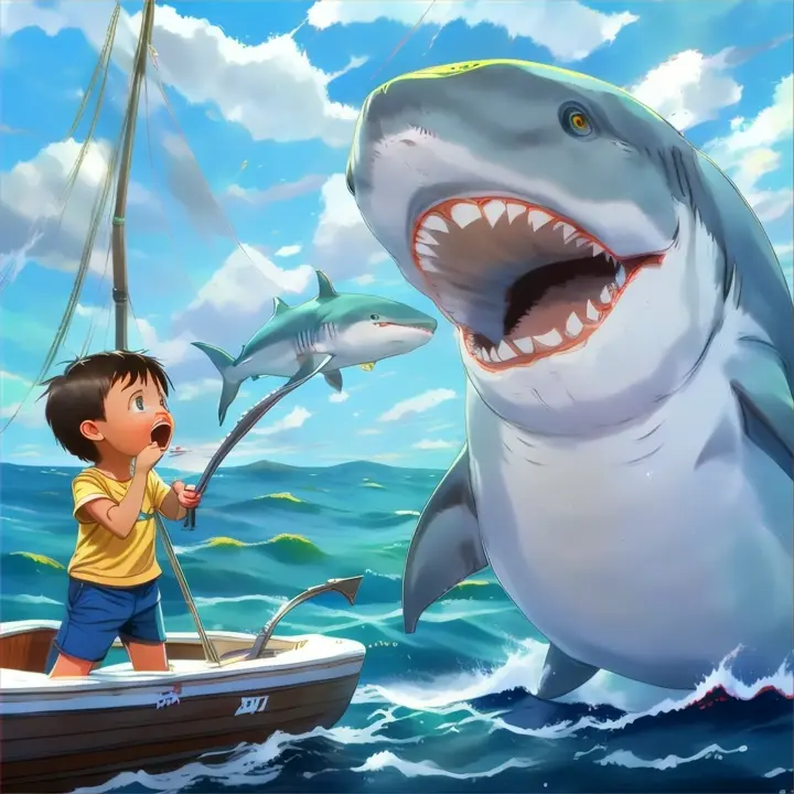 a young boy standing on a boat in front of a shark