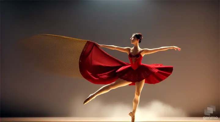 A ballerina dressed as Carmen dances and big jumps onto the stage.  Long plan