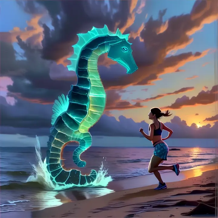 a woman running on a beach next to a sea horse