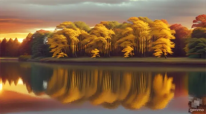 A group of trees with yellow leaves and their reflection stretching across water, the sky lit up by a setting sun