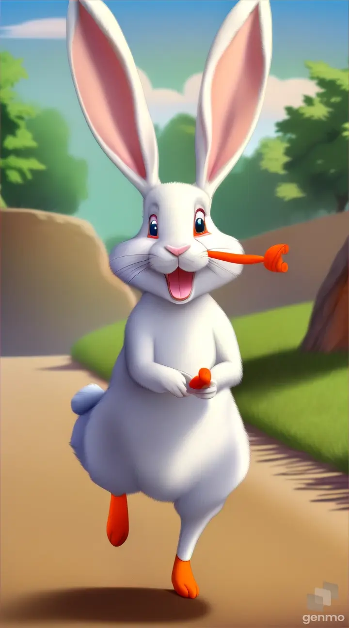 an animated rabbit running holding a carrot in his hand