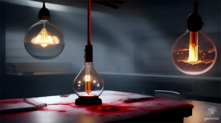 Scary laboratory with bloody laboratory glass and an electric ball hanging from the ceiling, the background is a bloody laboratory filled with bloody severed hands and legs lying bloody on tables, Frankenstein, Alchemy, occultism, horror, blood, cinematic lighting