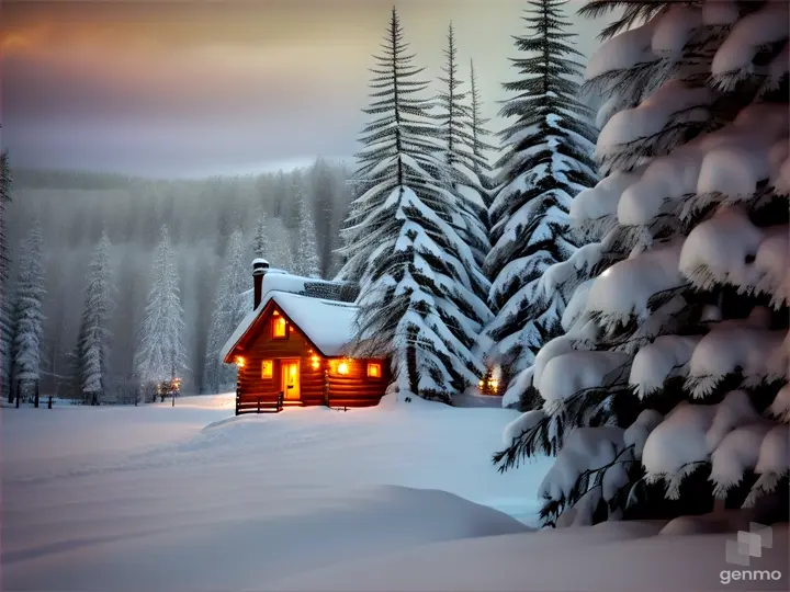 A serene winter landscape that features a small cabin nestled in the middle of a snow-covered pine and cedar forest, with smoke curling out of the chimney