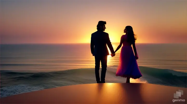 Silhouette of Rajat and Meera holding hands, watching the sunset on a cliff overlooking the ocean