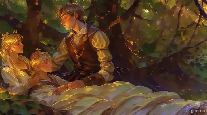 a painting of a man and a woman in a forest,all person hand don't move.
