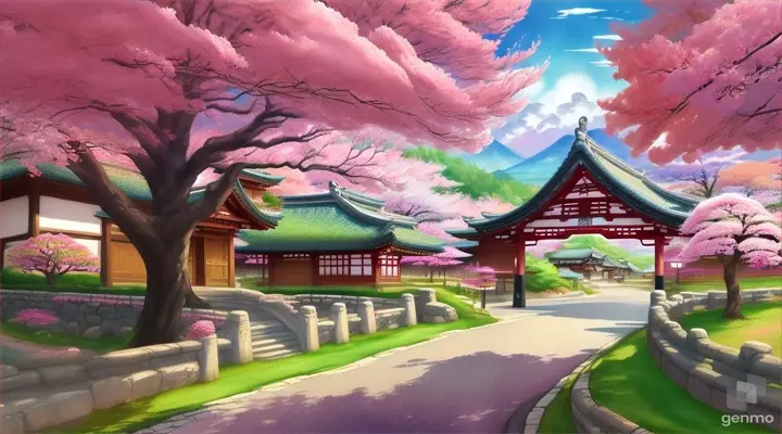 Entrance to a fantastical village surrounded by blooming sakura trees，插画
