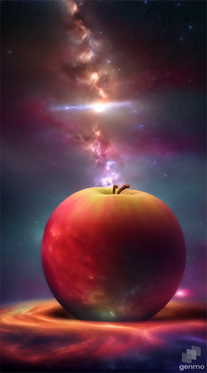 Visualize a spoiling apple, mid-transformation to decay, serenely floating in the ethereal cosmic expanse, surrounded by galaxies and celestial bodies, washed in cool milky-way lighting.