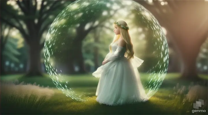 A girl in a white dress with blonde hair appears from a magical sphere of light in a green forest, 16:9