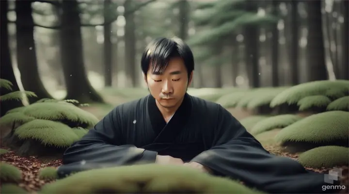 A Japanese guy in a black robe sleeps in a light-colored forest, 16:9