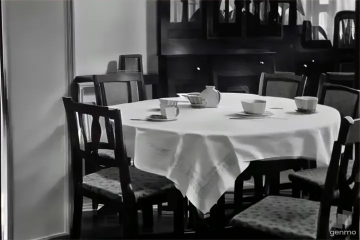 a dining room table with a white table cloth