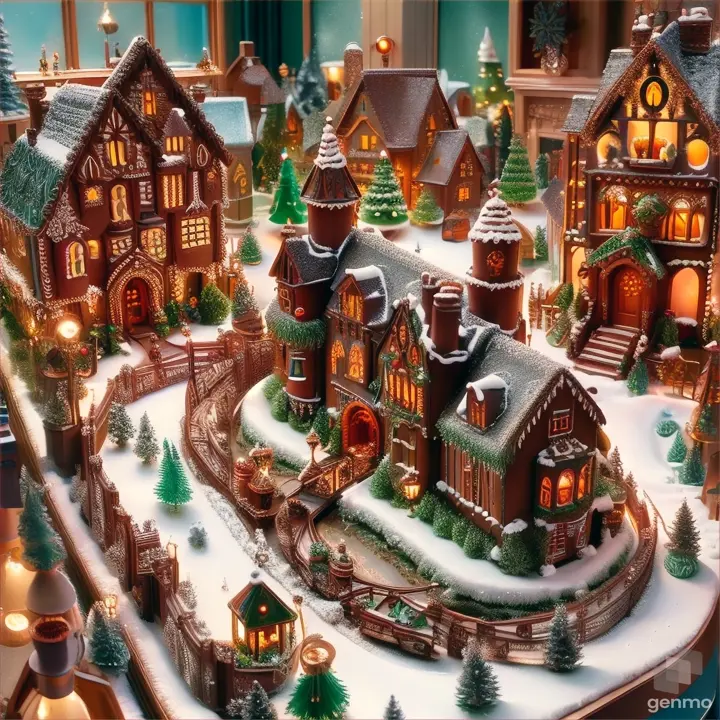 A gingerbread manor in a lively winter village with intricately detailed buildings and flickering lights